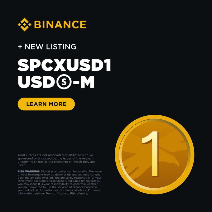 Binance exchange advertisement for a new listing of the SPCXUSD1 USDⓈ-M trading pair.