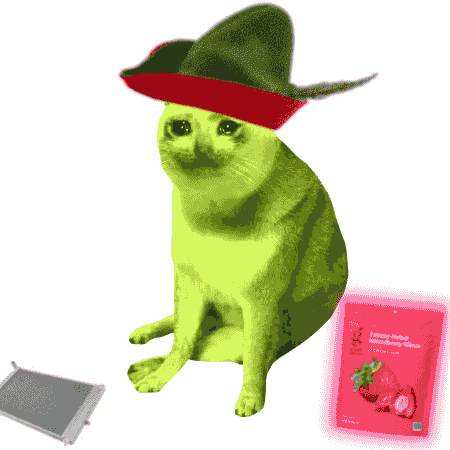 A green-tinted cat wears a green hat with red trim and holds a pink 'Freeze-Dried Strawberry Slices' package, with a small white object on the floor.