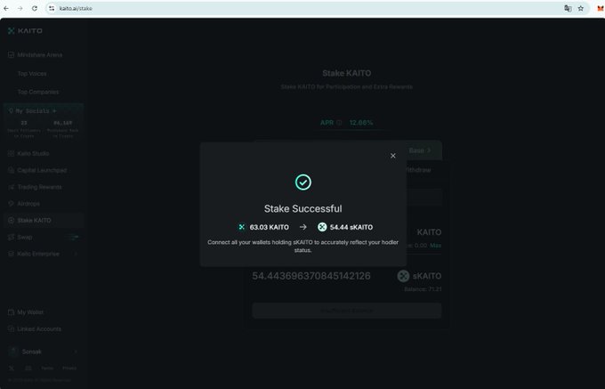 Screenshot of a 'Stake KAITO' webpage showing a 'Stake Successful' confirmation pop-up for 63.03 Kaito to 54.44 sKAITO at an APR of 12.06%.