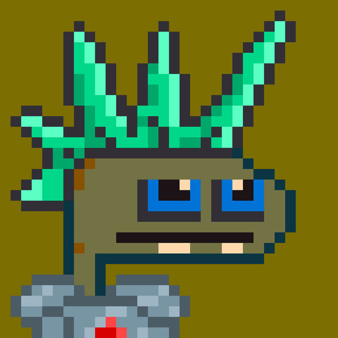 A pixel art character with green flaming hair, blue eyes, and a gray outfit wearing a crown against an olive background.