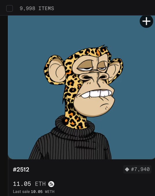 A screenshot of an NFT marketplace listing for Bored Ape #2512, priced at 11.05 ETH (last sale 10.05 WETH), showing a smug-looking ape in a black turtleneck. The image ties to the "Happy 4th of July" post by showcasing an American-themed (4th of July) celebratory NFT, with the "Oh my! This Ape if only!" caption playing on the ape's unimpressed, cheeky expression.