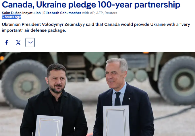 A news article headline reads 'Canada, Ukraine pledge 100-year partnership,' featuring a photo of Ukrainian President Volodymyr Zelenskyy and Canadian Prime Minister Mark Carney standing in front of military vehicles.
