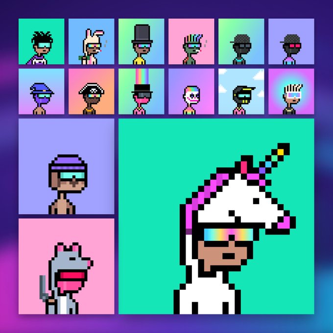 A grid of 12 pixel-art character portraits in colorful square frames, with three larger featured avatars below, including a unicorn onesie figure and a white cat—showcasing various NFT collectible designs that align with the @lilbangersnft promotional post about these digital collectibles.
