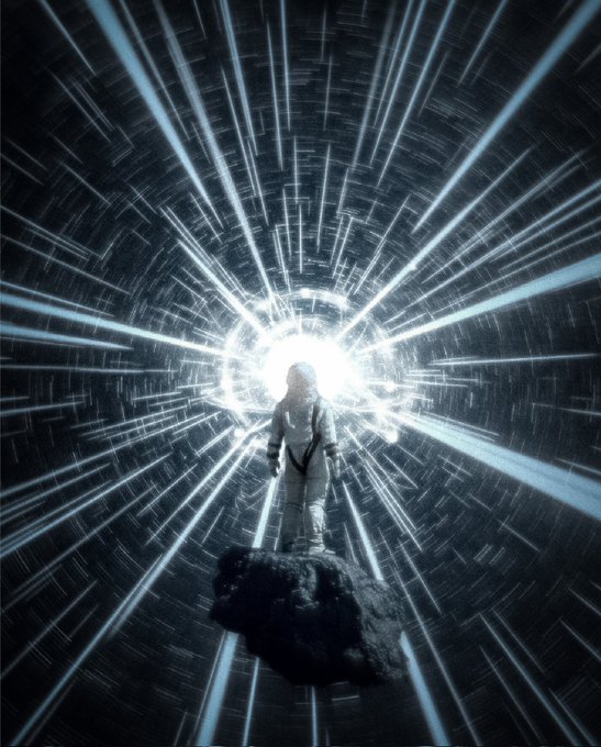 Cinematic image of an astronaut standing on a floating asteroid, silhouetted against an intense burst of radiating white light beams in a dark space setting.