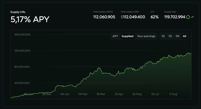 A financial chart displaying a '5,17% APY' supply info dashboard with a green line graph showing growth in total supply from November to August.