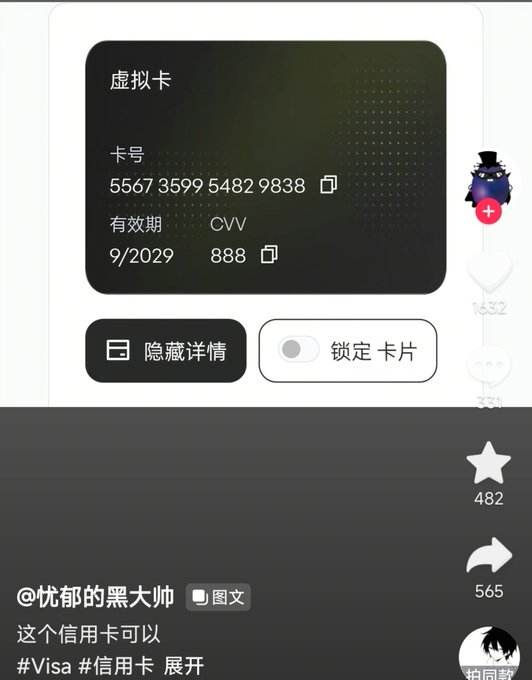 The image shows a social media post displaying a virtual credit card with the number 5567 3599 5482 9838, expiring 9/2029, with CVV 888, shared by user "@忧郁的黑大帅" with 482 likes, humorously captioned "这个信用卡可以 #Visa #信用卡" in reference to the top comment's joke about the card details being as openly shared as a livestreamed mnemonic phrase.