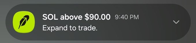 A Robinhood notification reads "SOL above $90.00 9:40 PM — Expand to trade." alongside the green leaf logo, confirming the post's claim that Solana ($SOL) has surged past the $90 price point.