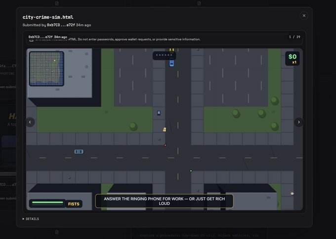 A dark-themed web browser window displaying a game called 'city-crime-sim.html' submitted by 0xb7C0...472f, featuring an overhead view of streets with the text 'ANSWER THE RINGING PHONE FOR WORK — OR JUST GET RICH LOUD.'