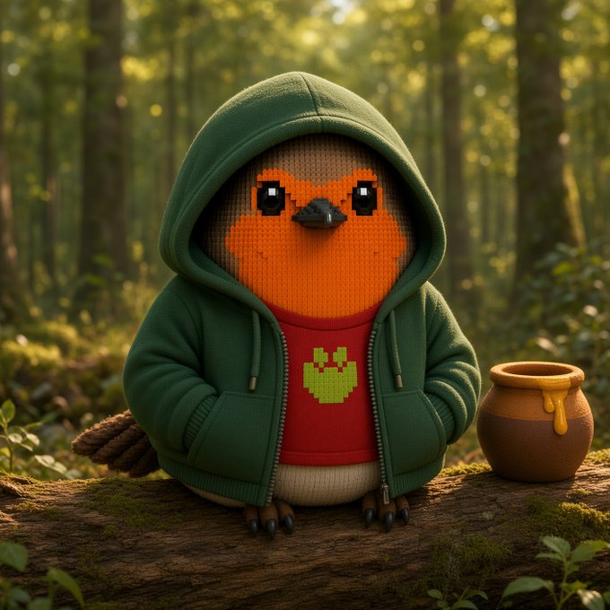 A 3D-rendered illustration of a pixel-art style robin bird wearing a green hoodie and red shirt with a green alien logo, sitting on a log next to a honey pot in a forest setting.