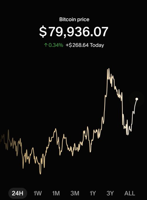 Bitcoin price chart showing $79,936.07 with a 0.34% gain (+$268.64) today, displaying the 3Y timeframe and illustrating the volatile rally of $BTC referenced in the post.