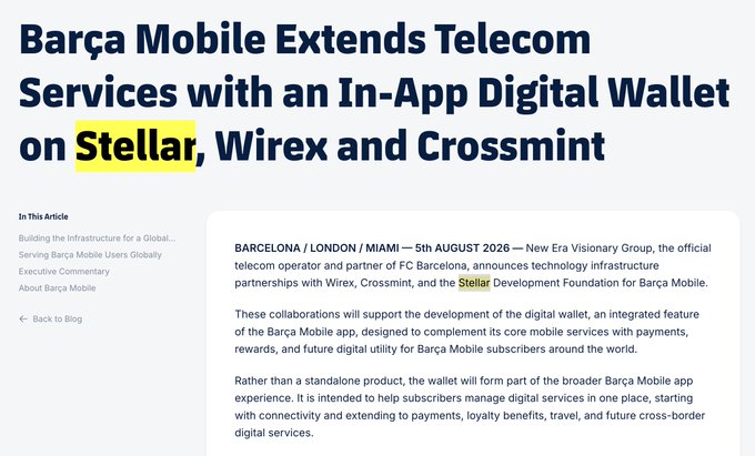A news article titled 'Barça Mobile Extends Telecom Services with an In-App Digital Wallet on Stellar, Wirex and Crossmint' announces technology infrastructure collaborations for the Barça Mobile app.