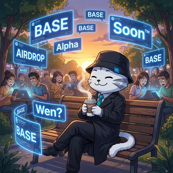 An AI-generated illustration of a cat in a bucket hat sitting on a park bench with floating signs reading 'BASE', 'AIRDROP', 'Alpha', 'Soon™', and 'Wen?', referencing Base cryptocurrency speculation.