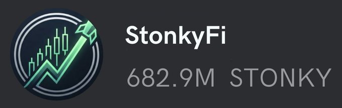 A promotional graphic for the "StonkyFi" airdrop features a circular logo with a candlestick chart and upward arrow design, displaying the allocation "682.9M STONKY" next to the brand name to highlight the total token supply for the giveaway.