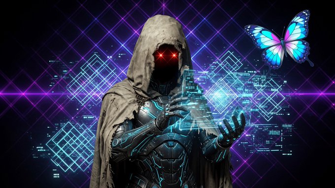 A dark, futuristic digital illustration of a hooded cyborg figure with glowing red eyes manipulating holographic data and a bright blue butterfly, set against a purple and black grid background.