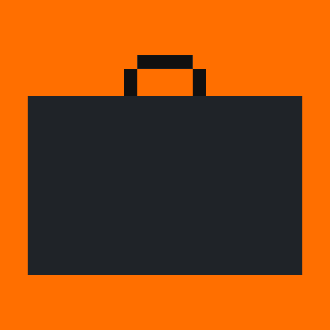 A minimalist icon depicting a black briefcase silhouette on a bright orange background.