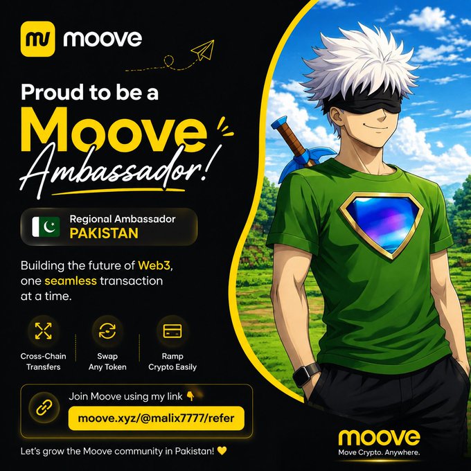 The graphic features an anime-style character with white hair, a blindfold, and a green shirt with a Pakistani flag emblem, alongside text announcing "Proud to be a Moove Ambassador" and "Regional Ambassador Pakistan." It highlights Moove's Web3 services—including transfers, token swaps, and crypto on-ramping—and includes a referral link ("moove.xyz/@malix7777/refer") to invite others to join the community, visually reinforcing the post's announcement of becoming a Regional Ambassador for Pakistan.
