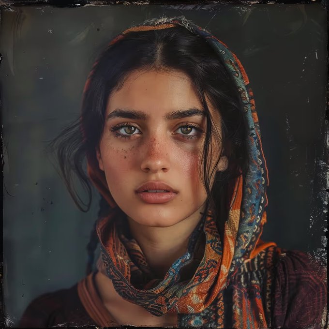 A portrait painting of a young woman with striking eyes, freckles, and dark hair, wearing a colorful patterned headscarf against a dark background.