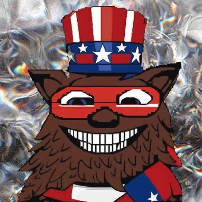 Digital cartoon illustration of a grinning brown furry character wearing a red, white, and blue Uncle Sam-style top hat and mask with stars and stripes, set against a crinkled holographic foil background.