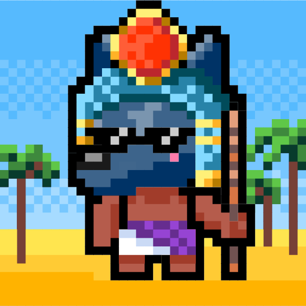 A pixel art character resembling a blue-skinned figure with a red and yellow crown/headdress, wearing a green top and purple sash, standing on a sandy beach with palm trees and a checkered blue sky in the background.