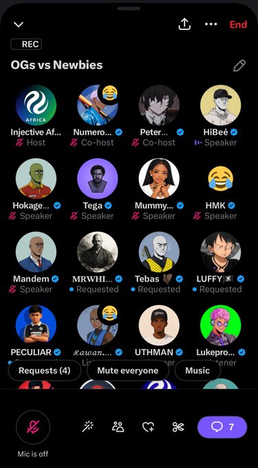 A screenshot of a Clubhouse-style audio app titled "OGs vs Newbies," displaying a grid of speaker avatars with names like "Injective Af..." (Host), "Numero..." (Co-host), and "Peter..." (Co-host), with "Requests (4)" and "Mute everyone" buttons at the bottom.
