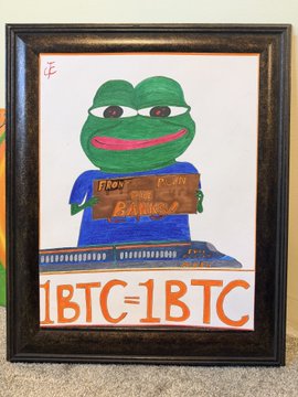 A framed hand-drawn artwork depicts Pepe the Frog holding a wooden 'I [Bitcoin sign] BANKS' sign, with '1BTC=1BTC' written below in orange.