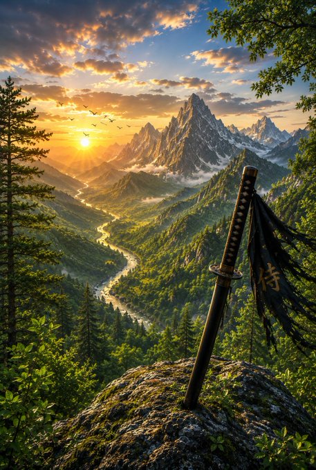 A katana with a black-wrapped hilt is planted upright in a mossy rock overlooking a lush, mountainous valley bathed in golden sunset light.