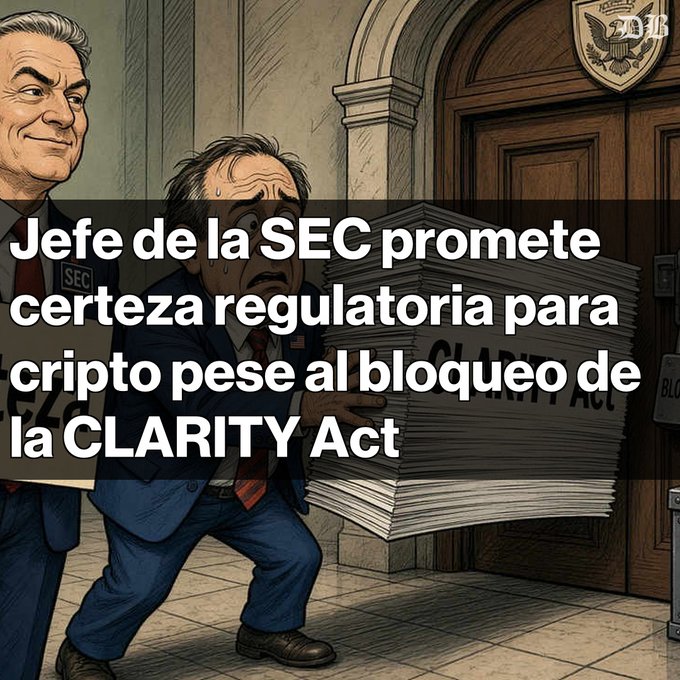 A political cartoon showing a sweating man carrying a large stack of papers labeled 'CLARITY Act' with Spanish text overlay: 'Jefe de la SEC promete certeza regulatoria para cripto pese al bloqueo de la CLARITY Act'.