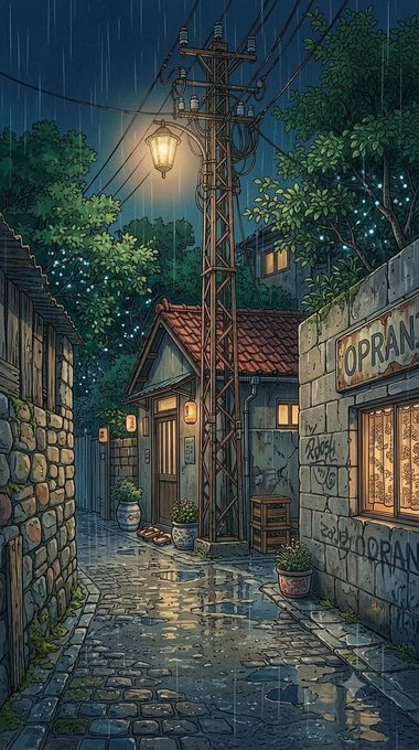 An anime/illustrated scene of a rainy cobblestone alleyway at night, featuring a lit street lamp, utility pole with wires, stone walls, and a small house with glowing windows.