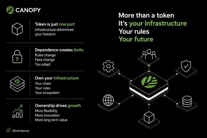 A promotional infographic for CANOPY (@canopyxyz) highlighting that a token is just one part, with sections on dependence, ownership of infrastructure, and growth, centered around a green logo connected to various icons.