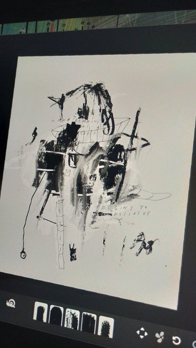 A photo of a tablet screen displaying an abstract black and white digital sketch with visible brushstrokes and faint handwritten text, along with a bottom menu bar showing tool icons.