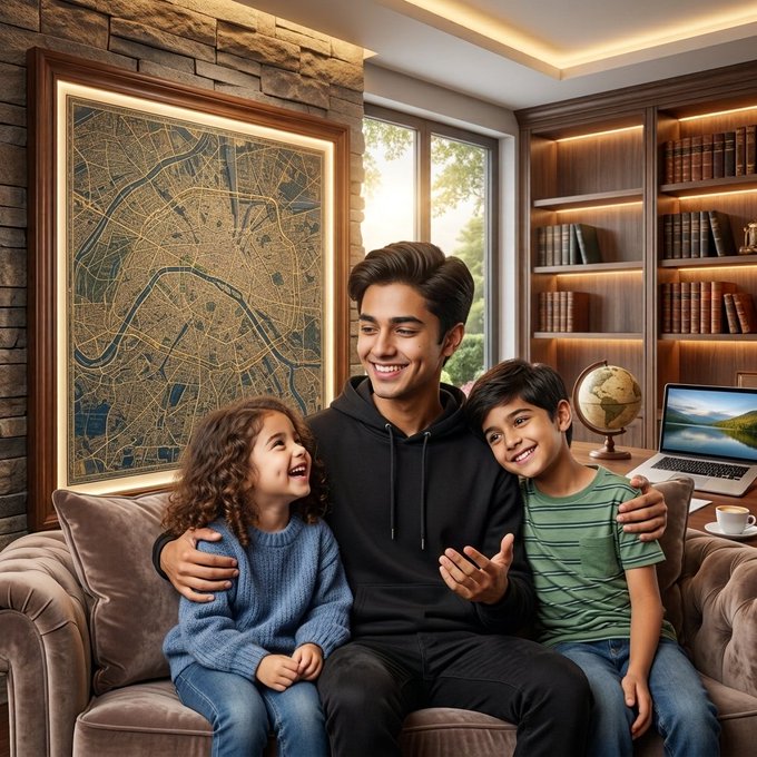 A smiling man in a black hoodie sits on a couch between two laughing children in a warmly lit room featuring a large framed map and built-in bookshelves.