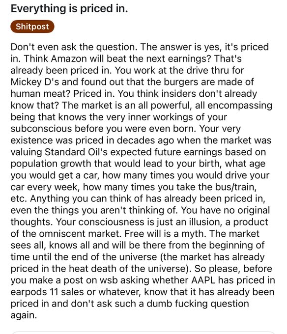 A humorous blog post titled 'Everything is priced in.' from Shippost, satirizing the efficiency market hypothesis with an absurd rant about how all information, including free will and consciousness, is already priced into the market.