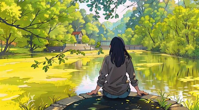 An anime-style illustration depicting a woman with long dark hair sitting peacefully on a ledge overlooking a calm pond surrounded by lush green trees.