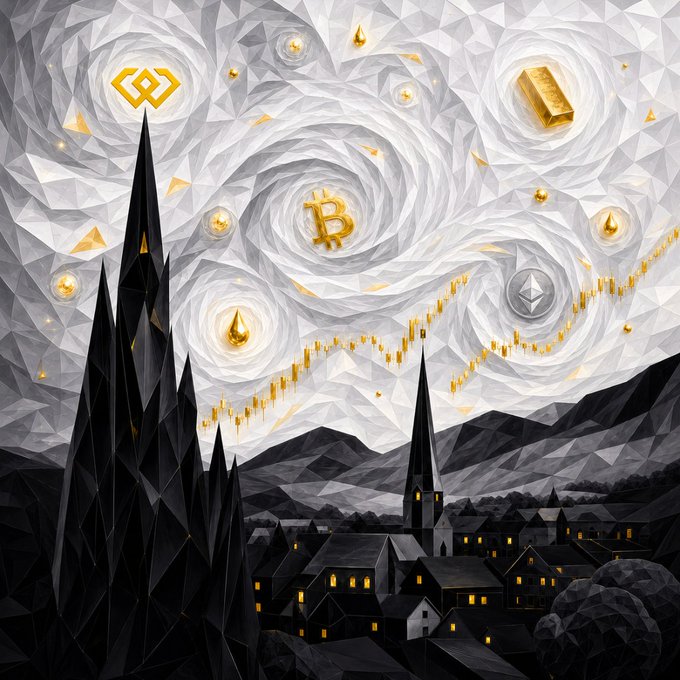A digital painting with Van Gogh-like swirling clouds featuring floating cryptocurrency symbols including Binance, Bitcoin, Ethereum, and a gold bar above a dark gothic village.