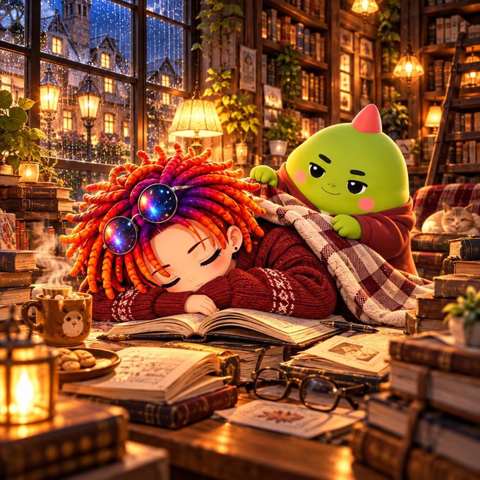 A cozy digital illustration of two cute characters—one with red yarn-like dreadlocks and galaxy-patterned sunglasses, and a green round character with a pink horn—snuggled together with a blanket in a warm bookshop filled with stacked books and a sleeping cat.