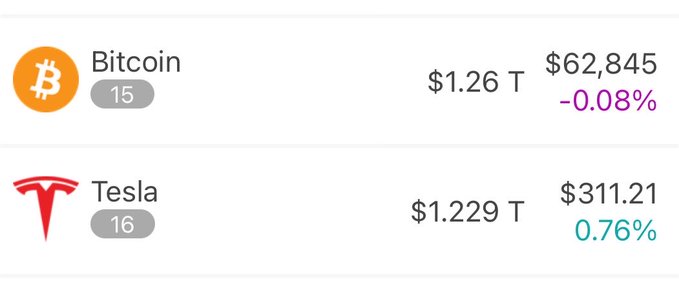 The image displays a market cap comparison between Bitcoin (BTC) at $1.26 T with a price of $62,845 (-0.08%) and Tesla (TSLA) at $1.229 T with a price of $311.21 (+0.76%), ranked 15th and 16th respectively. This ties into the post's message about Bitcoin and Tesla uniting in their journey toward claiming the #1 and #2 spots in total market cap rankings.
