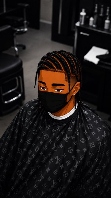 An animated illustration of a person sitting in a barbershop chair wearing a black mask and a Louis Vuitton monogram cape, sporting braids with orange highlights.