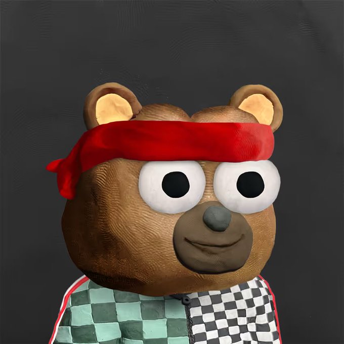 A 3D-rendered brown bear character wearing a red headband and a checkered jacket with green and white squares.