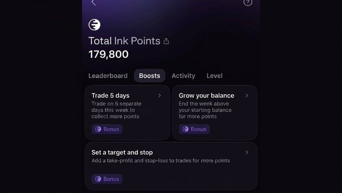 The image shows an app screen displaying information about trading points, including a list of achievements and goals for users to track their progress. The user has already completed Week 7 and has accumulated 180,000 INK Points. They are now looking to start farming and engage with the ecosystem by completing tasks on the app.