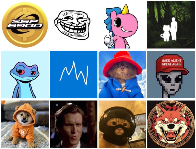 A grid of 12 internet meme and crypto images including the SGP 8500 coin, Trollface, a unicorn, Pepe, and various dog and cat memes.