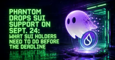 A news graphic with neon green text reading 'PHANTOM DROPS SUI SUPPORT ON SEPT. 24: WHAT SUI HOLDERS NEED TO DO BEFORE THE DEADLINE' alongside a purple ghost character and SUI logo.