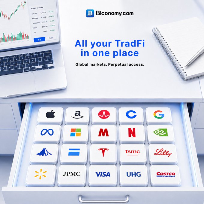 An advertisement for Biconomy.com reading "All your TradFi in one place - Global markets. Perpetual access," showing a laptop with stock charts and a drawer filled with icons of major companies including Apple, Google, Microsoft, Tesla, Visa, and Walmart.