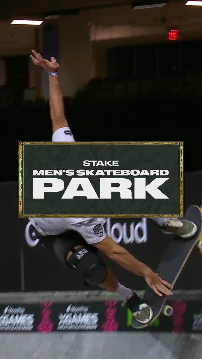 An action shot of a skateboarder mid-trick with overlaid text reading 'STAKE MEN'S SKATEBOARD PARK' in a green and gold decorative frame.
