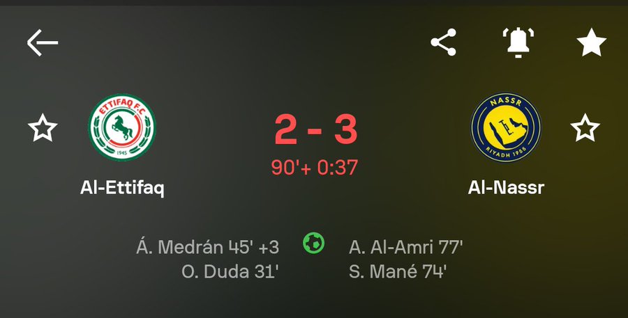 A sports score screen showing Al-Ettifaq vs Al-Nassr with a final score of 2-3 at 90'+0:37, with goals from Medrán, Duda, Al-Amri, and Mané.