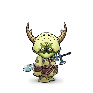 A small cartoonish figure with a green mask, horns, tribal tattoos, and a brown loincloth stands against a black background.