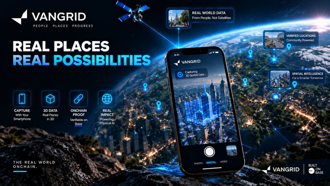 Promotional graphic for 'VANGGRID - PEOPLE PLACES PROGRESS' advertising 'REAL PLACES REAL POSSIBILITIES' with features like 3D Capture, Onchain Proof, and Real Impact Physical AI, built on Base blockchain.