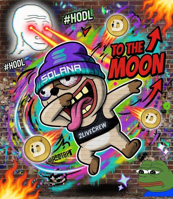 A graffiti-style mural on a brick wall featuring a cartoon dog wearing a Solana beanie, Dogecoin coins, and text including '#HODL', 'TO THE MOON', and '2LIVECREW'.