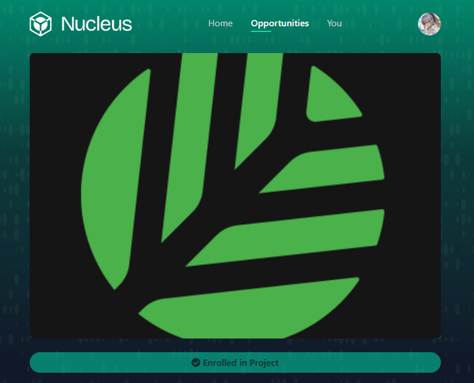 A webpage screenshot for 'Nucleus' showing a large green leaf/ship logo on a black background with 'Enrolled in Project' displayed at the bottom, with navigation tabs for Home, Opportunities, and You.