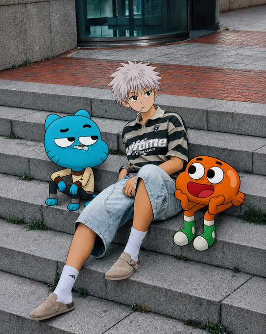 An anime-style illustration depicts a white-haired character in a green "Supreme" shirt sitting on outdoor steps, flanked by cartoon blue cat and orange character mascots.