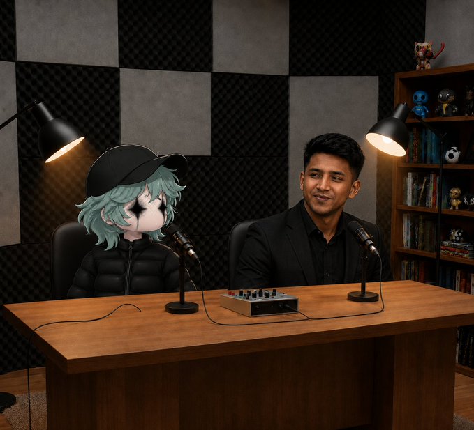 Two podcasters sit at a wooden desk with microphones and an audio mixer between them, with the person on the left shown as a stylized cartoon character featuring teal hair and a black cap. The studio background features black and white checkered acoustic foam panels, illuminated desk lamps, and a bookshelf displaying figurines and books. The setup matches the described "Exclusive podcast" featuring the character Madi and guest AddyyyOnChain.